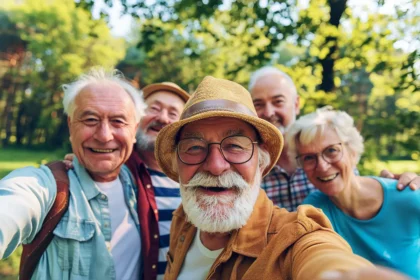 happy, senior citizen, social engagement, posing, outdoor
