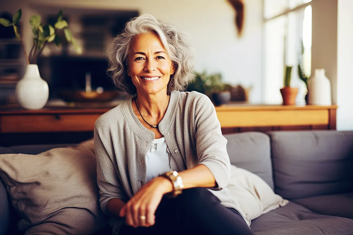 person, smile, couch, indoor, comfort